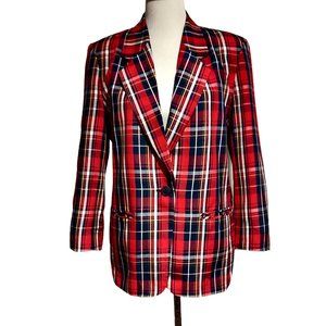 Pendleton Sophisticates Petite Women Vtg Red Plaid Rayon Single Button Blazer 10